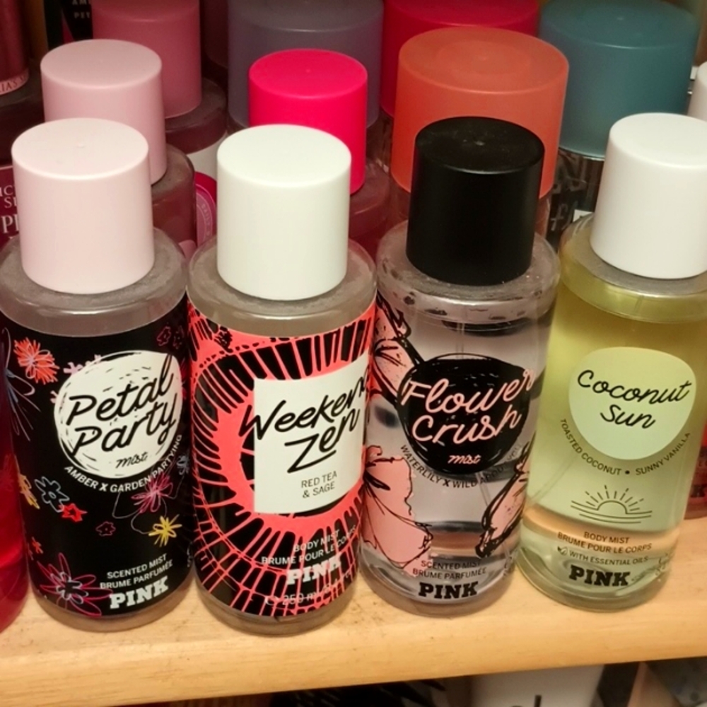 Pink sprays Petal Party, Weekend Zen, Flower Crush, and Coconut Sun. All full